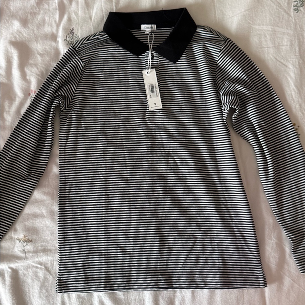 Bonjoy Long Sleeve Black & White Striped Polo Top - Kids